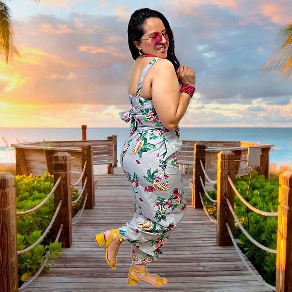 Amanda's Place Floral Sleeveless Jumpsuit Wide Leg Tropical Fruit Romper Dress - Picture 10 of 13